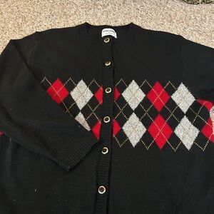 Vintage Alfred Dunner Black Argyle Cardigan Sweater Made in USA